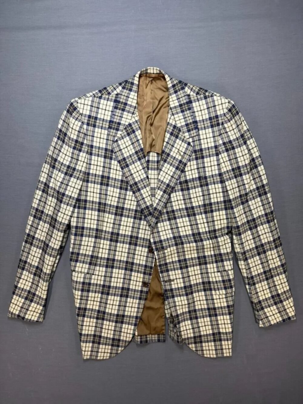 Vintage Oxxford Clothes Plaid Sport Coat Mens 38L Cream Blue Preppy